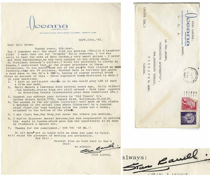 Stan Laurel Letter Signed ''Stan Laurel'' -- In 1963 Regarding President Kennedy, Clara Bow, Fay Wray, Marcel Marceau & More